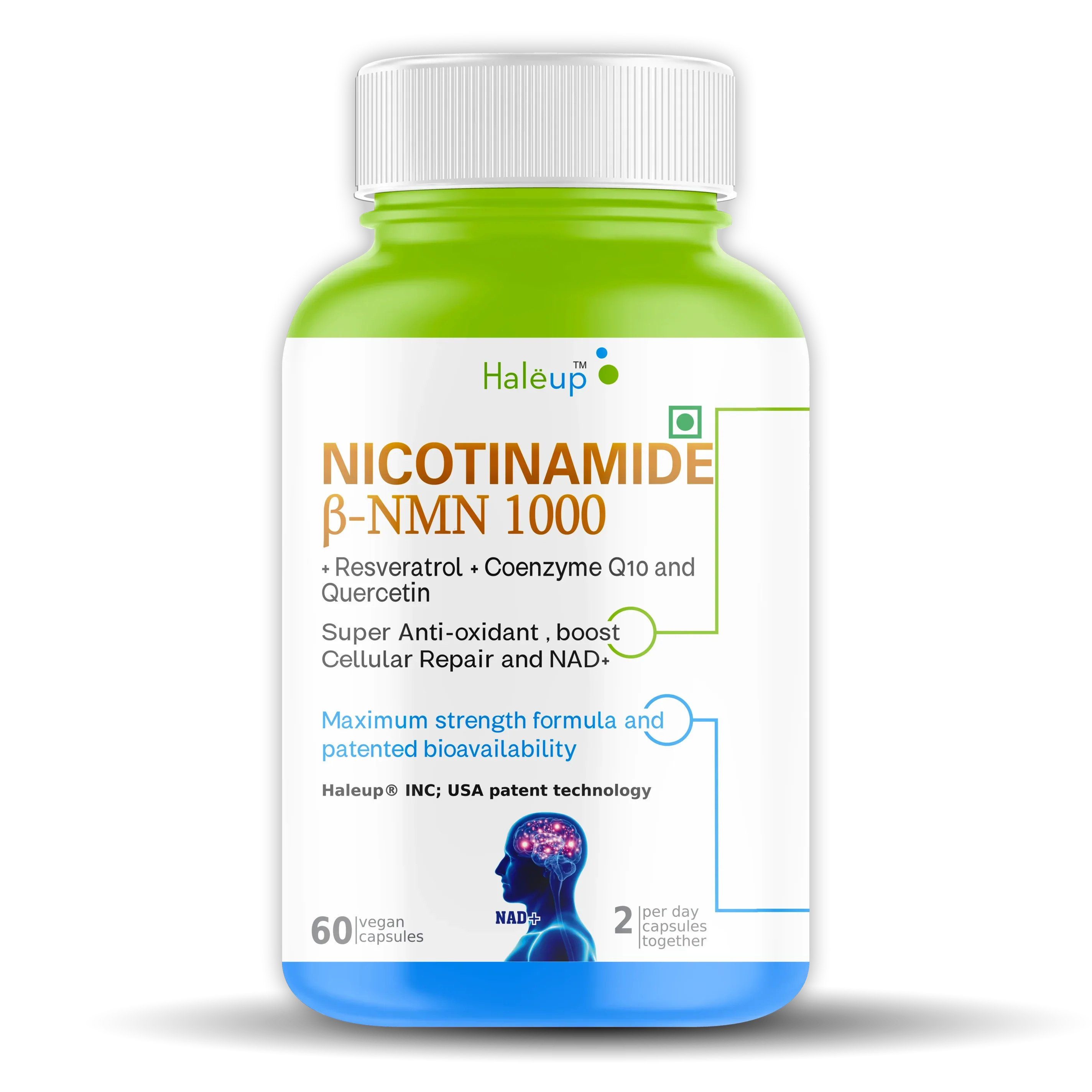 Nicotinamide USA NMN 1000 mg 3-in-1 Formula | Enriched with Resveratrol, Quercetin & CoQ10 | Boost NAD+, Skin Health & Cellular Repair | 30 Capsules - Haleup