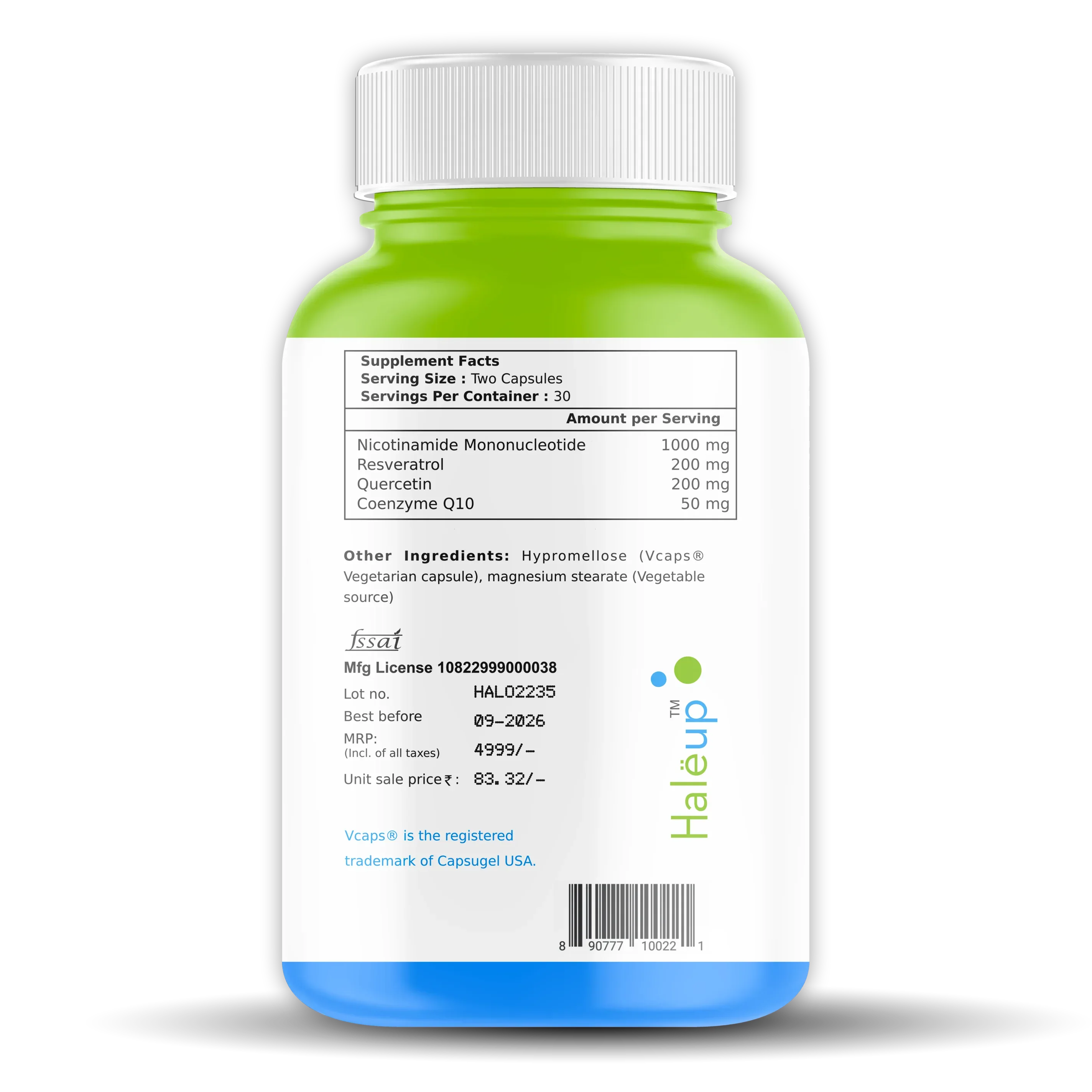 Nicotinamide USA NMN 1000 mg 3-in-1 Formula | Enriched with Resveratrol, Quercetin & CoQ10 | Boost NAD+, Skin Health & Cellular Repair | 30 Capsules - Haleup