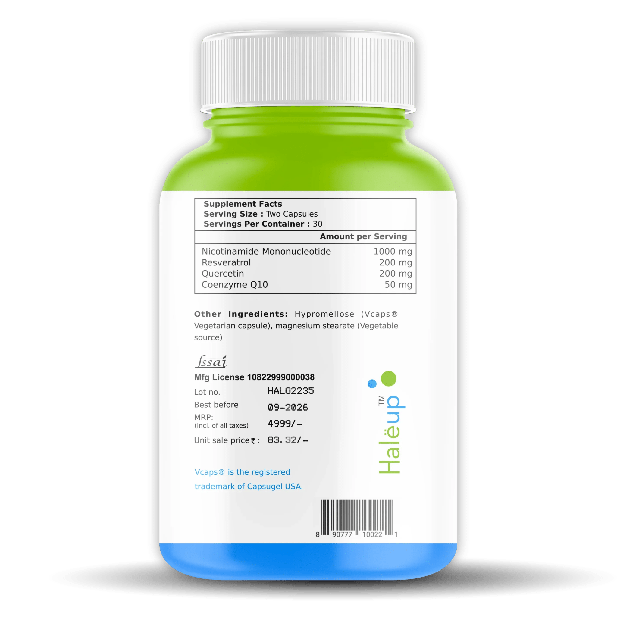 Nicotinamide USA NMN 1000 mg 3-in-1 Formula | Enriched with Resveratrol, Quercetin & CoQ10 | Boost NAD+, Skin Health & Cellular Repair | 30 Capsules - Haleup
