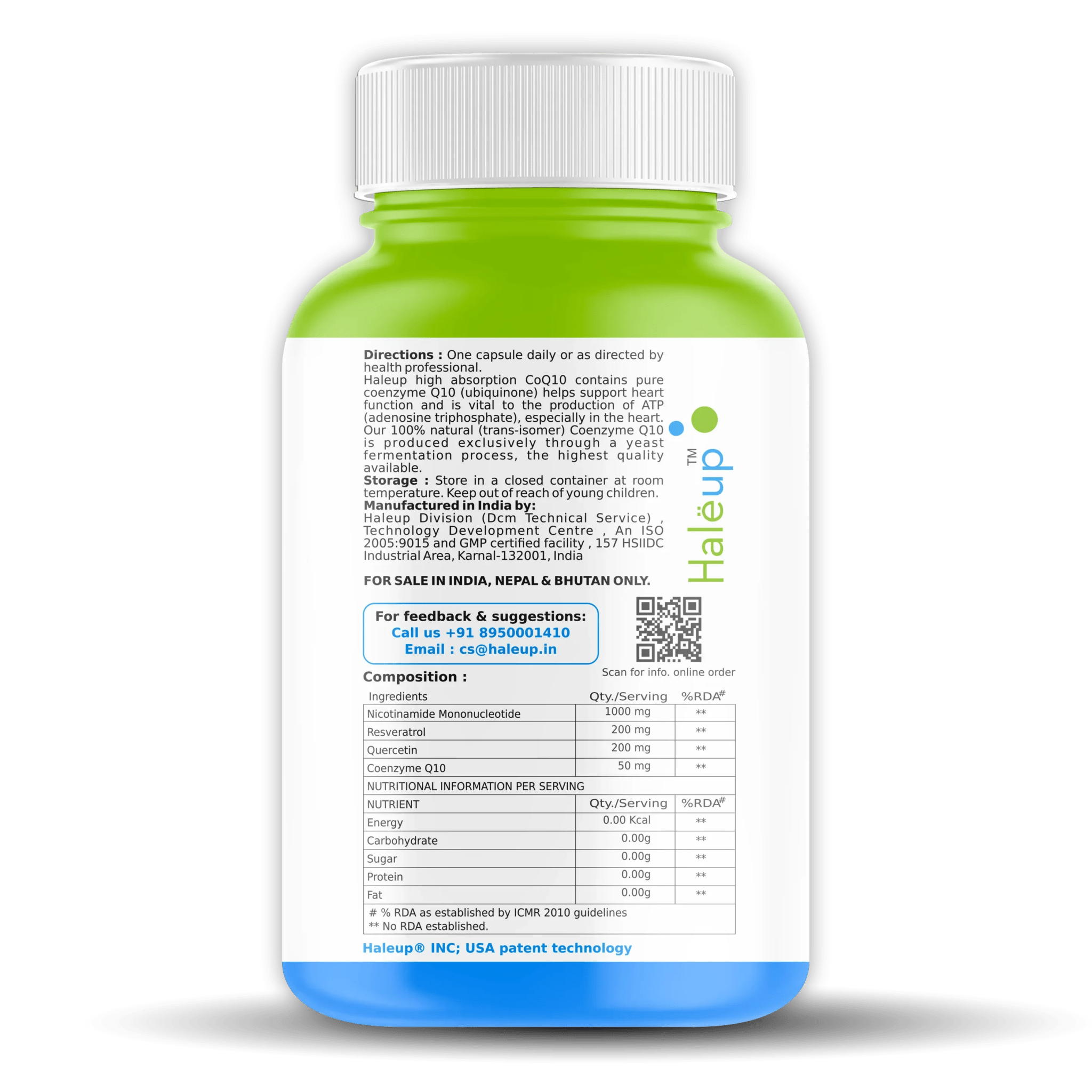 Nicotinamide USA NMN 1000 mg 3-in-1 Formula | Enriched with Resveratrol, Quercetin & CoQ10 | Boost NAD+, Skin Health & Cellular Repair | 30 Capsules - Haleup