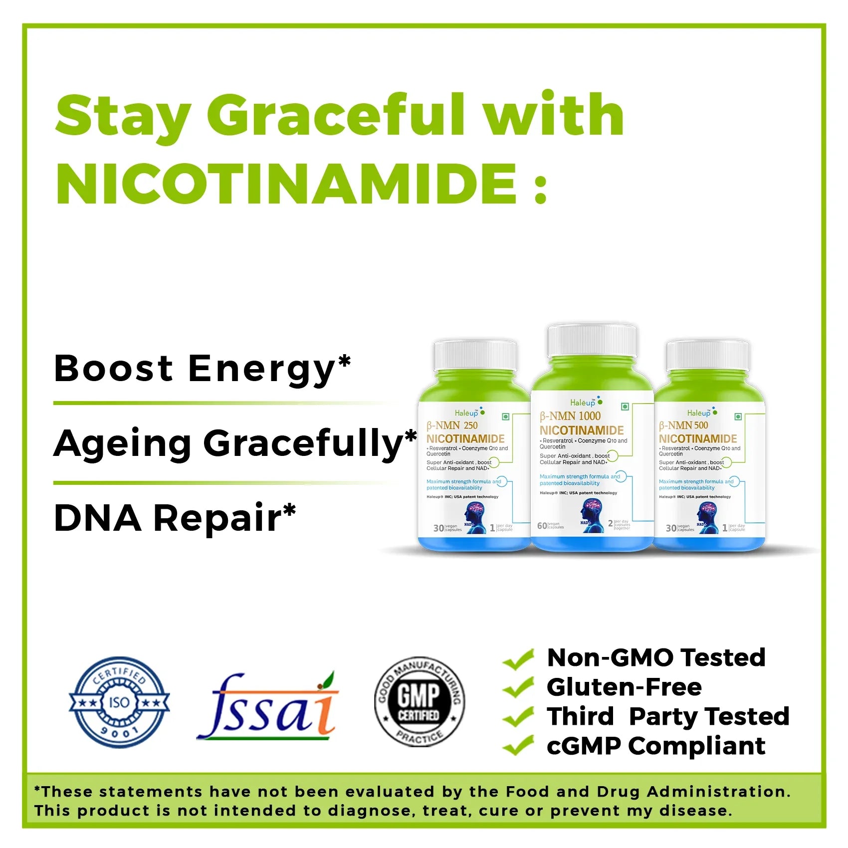 Nicotinamide USA NMN 500mg 3-in-1 Formula | Boost NAD+, Cellular Repair & Skin Health | With Resveratrol, Quercetin & CoQ10 | 30 Capsules - Haleup