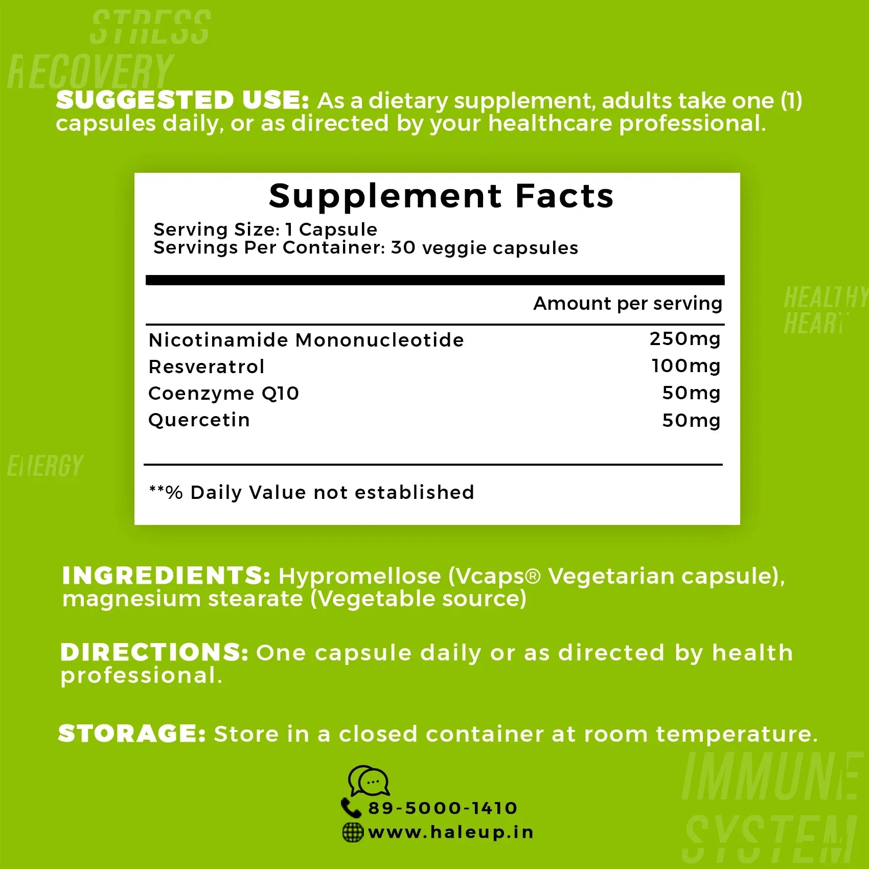Nicotinamide USA NMN 250mg 3-in-1 Formula | Resveratrol, Quercetin & CoQ10 | Anti-Aging | Boost NAD+ & Cellular Repair | 30 Capsules - Haleup