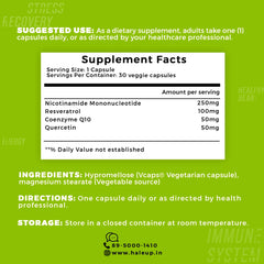 Nicotinamide USA NMN 250mg 3-in-1 Formula | Resveratrol, Quercetin & CoQ10 | Anti-Aging | Boost NAD+ & Cellular Repair | 30 Capsules - Haleup