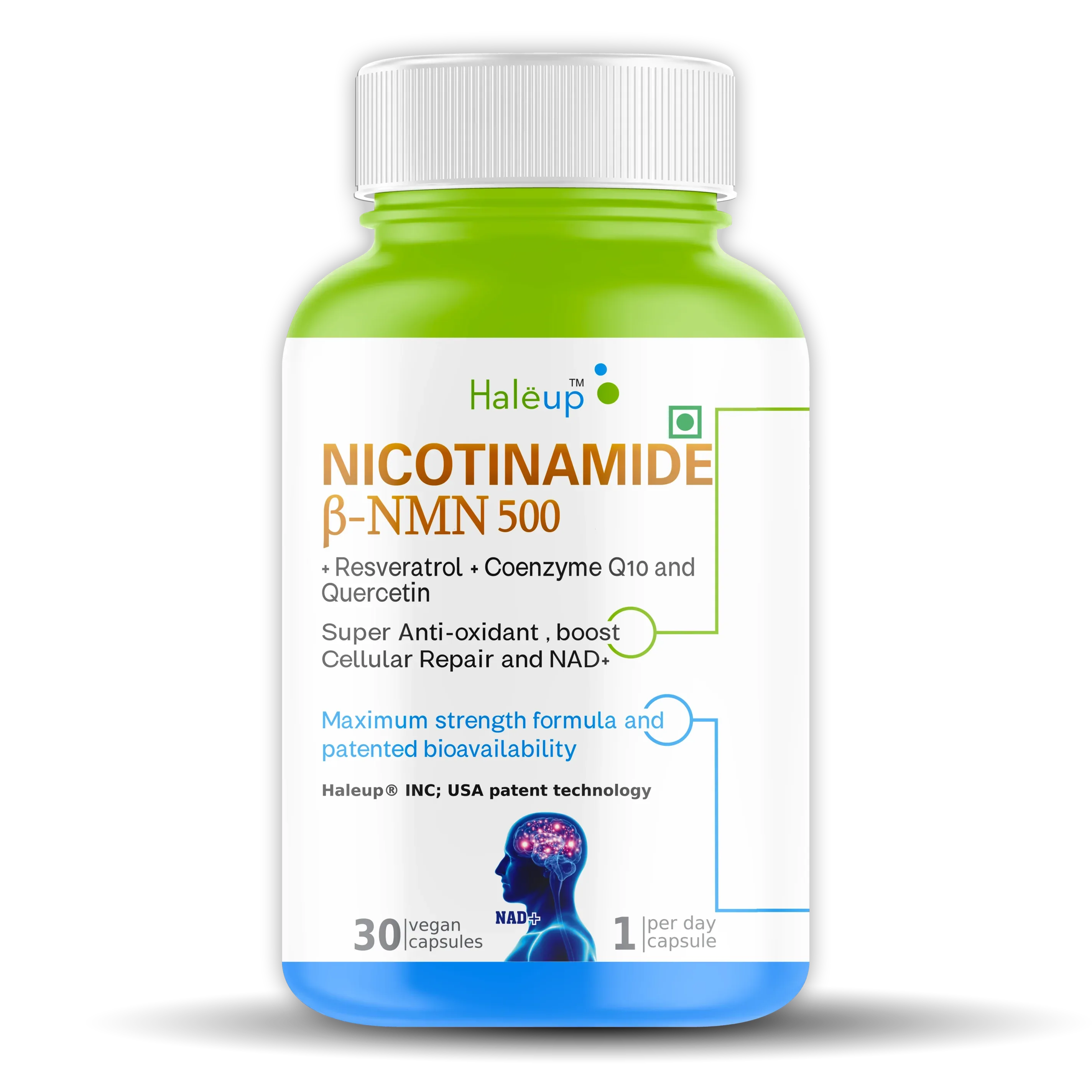 Nicotinamide USA NMN 500mg 3-in-1 Formula | Boost NAD+, Cellular Repair & Skin Health | With Resveratrol, Quercetin & CoQ10 | 30 Capsules - Haleup