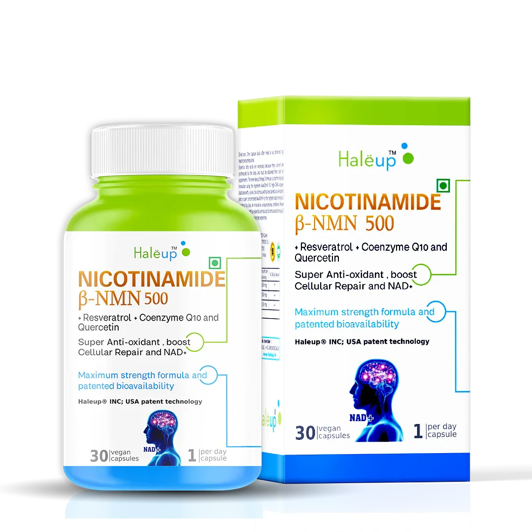 Nicotinamide USA NMN 500mg 3-in-1 Formula | Boost NAD+, Cellular Repair & Skin Health | With Resveratrol, Quercetin & CoQ10 | 30 Capsules - Haleup