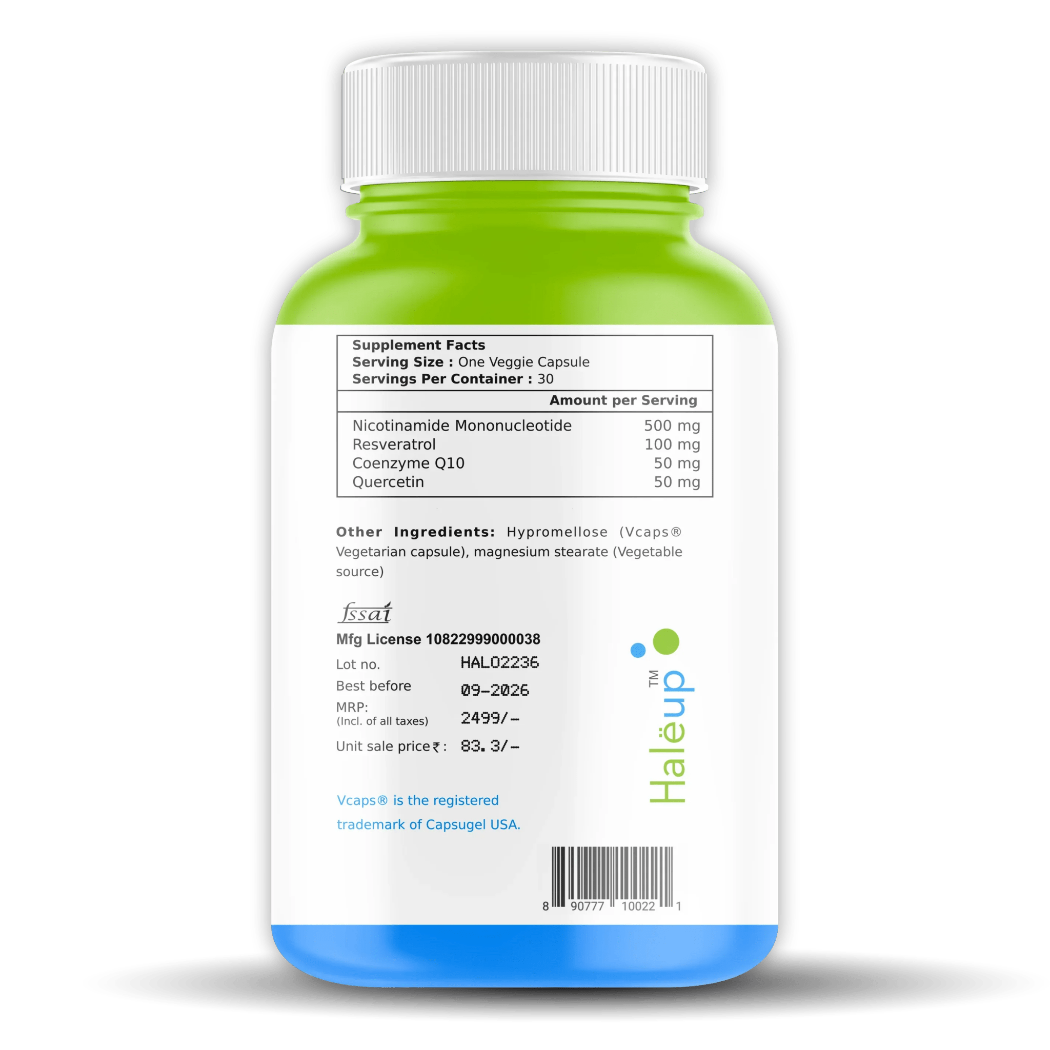 Nicotinamide USA NMN 500mg 3-in-1 Formula | Boost NAD+, Cellular Repair & Skin Health | With Resveratrol, Quercetin & CoQ10 | 30 Capsules - Haleup
