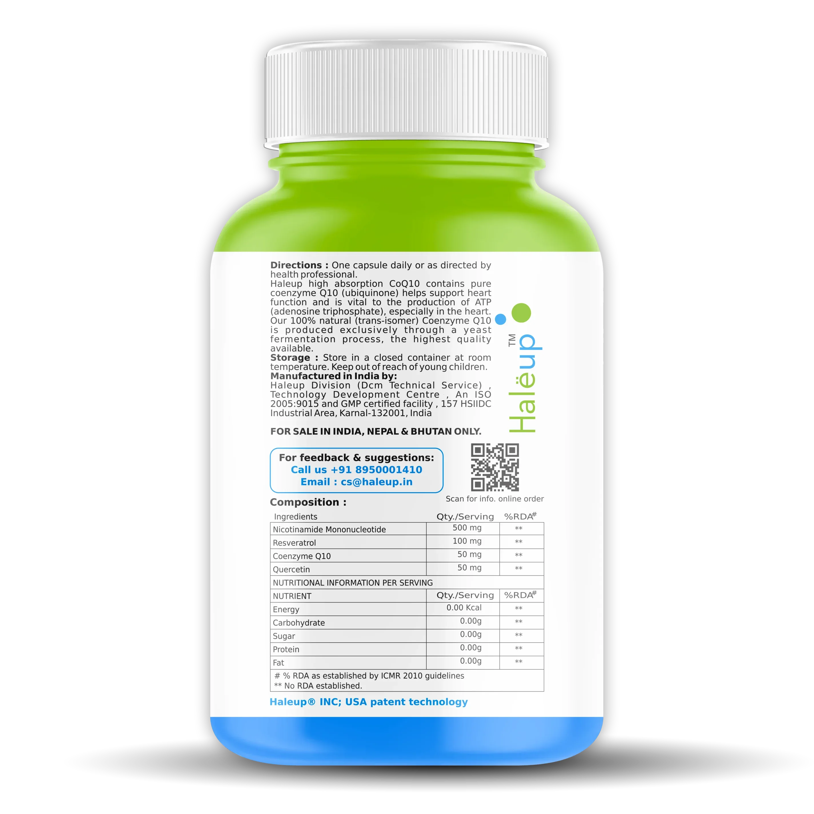 Nicotinamide USA NMN 500mg 3-in-1 Formula | Boost NAD+, Cellular Repair & Skin Health | With Resveratrol, Quercetin & CoQ10 | 30 Capsules - Haleup