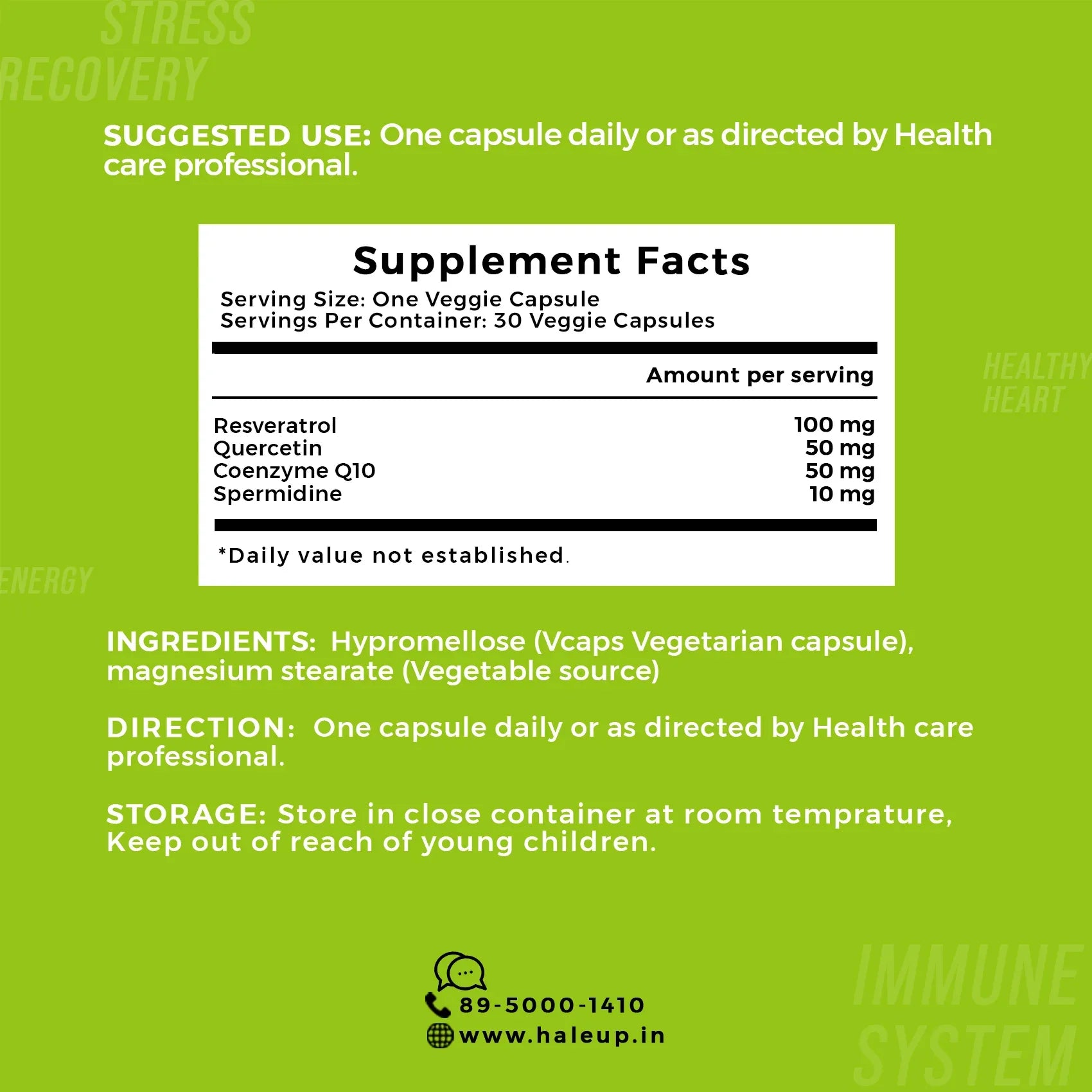 99% Pure Spermidine 30 mg Trihydrochloride with Resveratrol Capsules for Healthy Aging & Wellness – 1 Box (30 Capsules) - Haleup