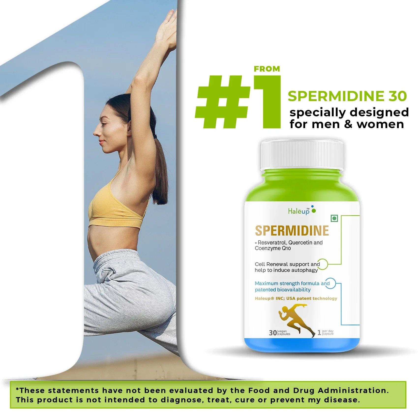 99% Pure Spermidine 30 mg Trihydrochloride with Resveratrol Capsules for Healthy Aging & Wellness – 1 Box (30 Capsules) - Haleup