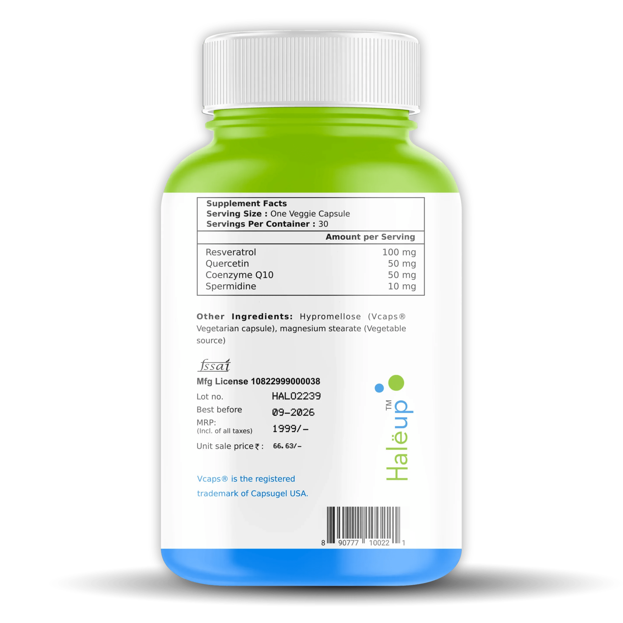 99% Pure Spermidine 30 mg Trihydrochloride with Resveratrol Capsules for Healthy Aging & Wellness – 1 Box (30 Capsules) - Haleup