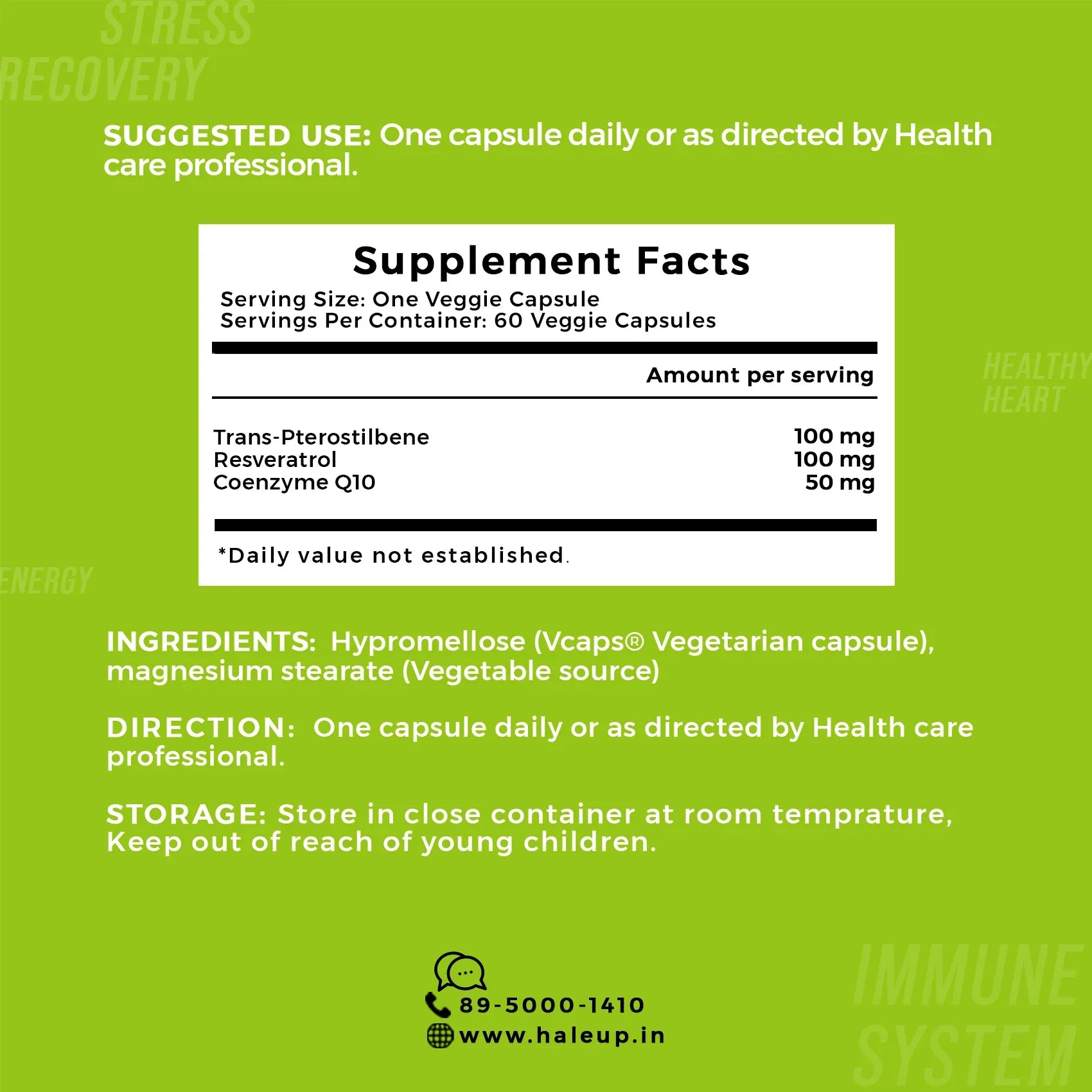 99% Pure Trans-Pterostilbene with Resveratrol | Potent Antioxidant | Supports Healthy Aging & Skin Health | High Bioavailability (1 Pack X 60 Capsules) - Haleup