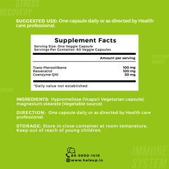 99% Pure Trans-Pterostilbene with Resveratrol | Potent Antioxidant | Supports Healthy Aging & Skin Health | High Bioavailability (1 Pack X 60 Capsules) - Haleup