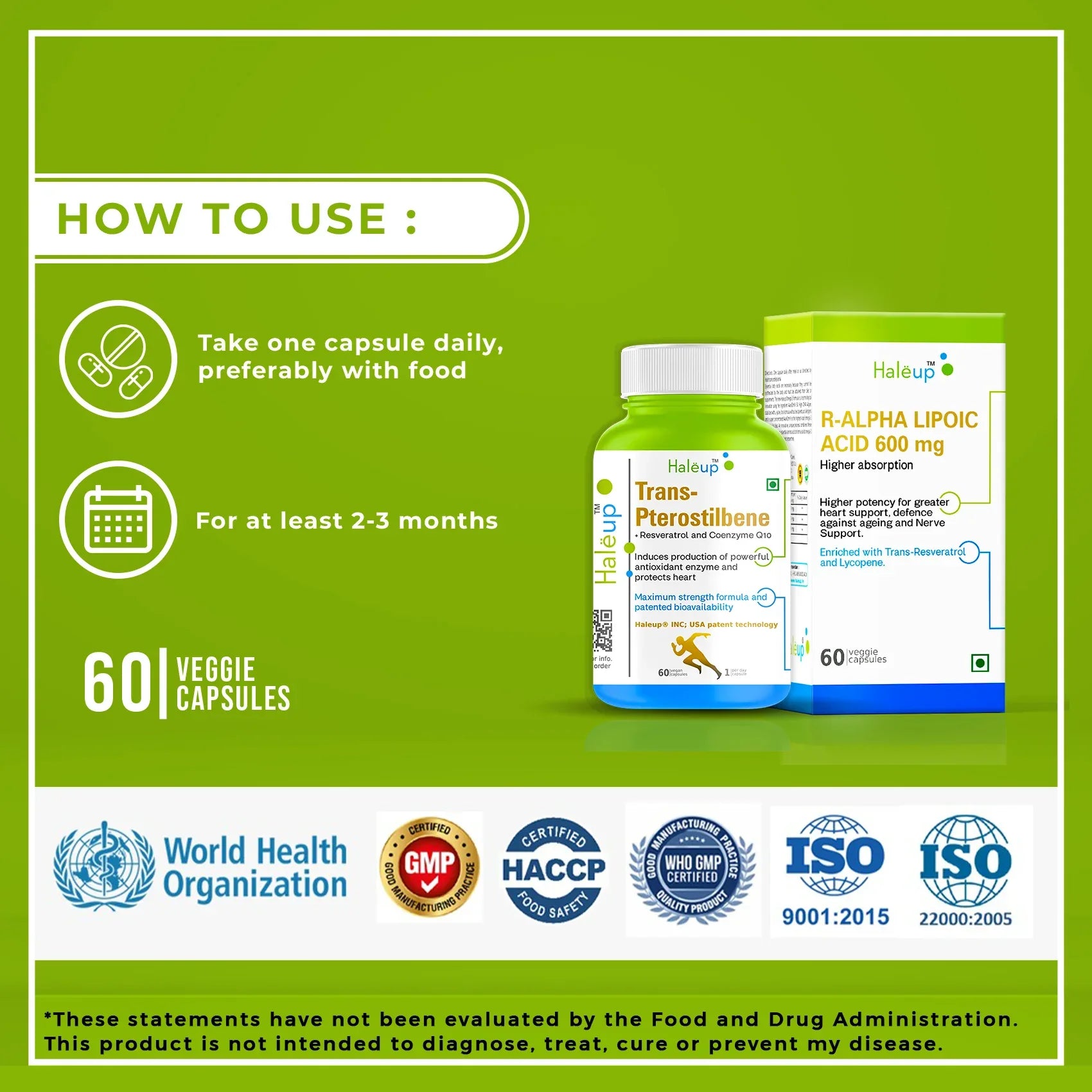 99% Pure Trans-Pterostilbene with Resveratrol | Potent Antioxidant | Supports Healthy Aging & Skin Health | High Bioavailability (1 Pack X 60 Capsules) - Haleup