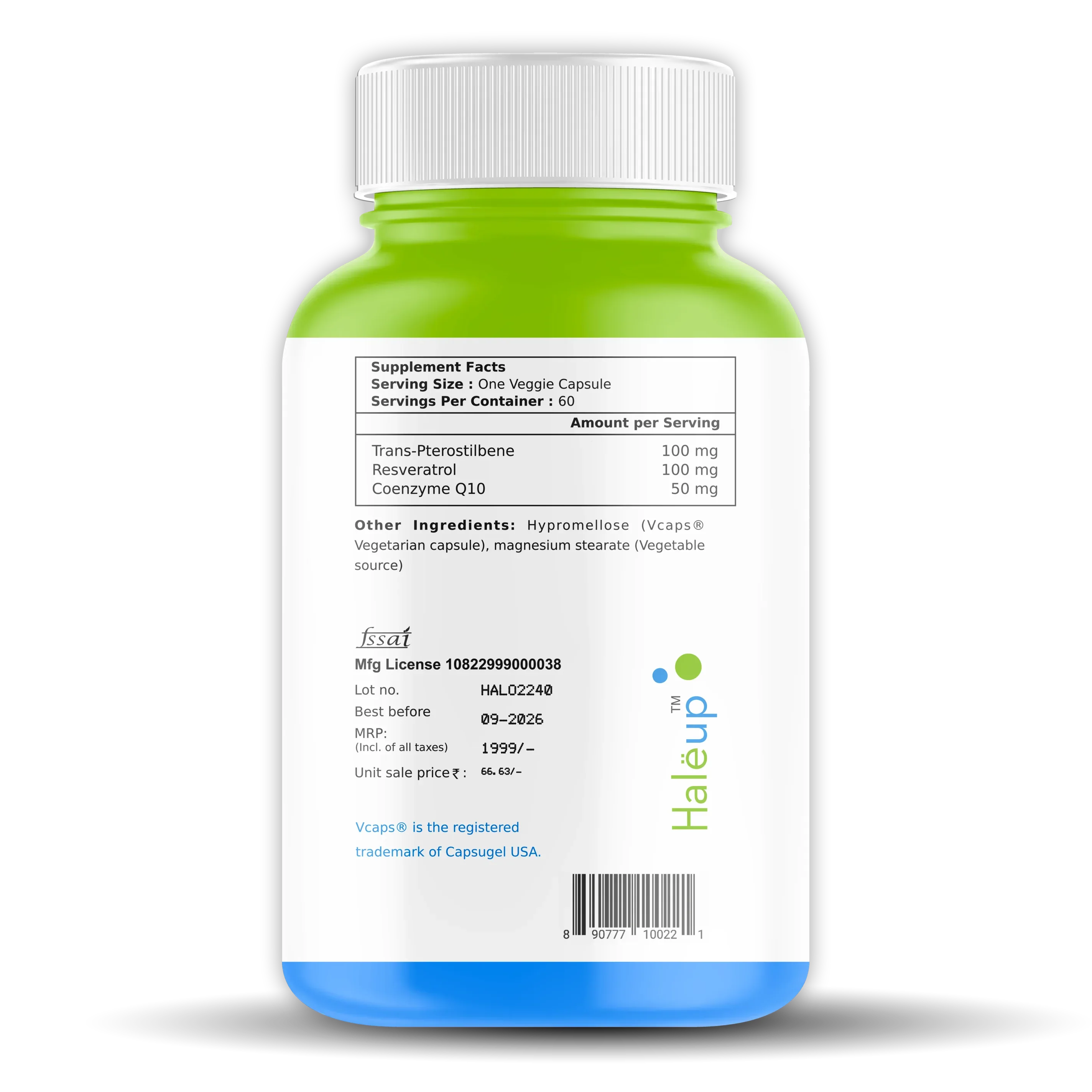 99% Pure Trans-Pterostilbene with Resveratrol | Potent Antioxidant | Supports Healthy Aging & Skin Health | High Bioavailability (1 Pack X 60 Capsules) - Haleup