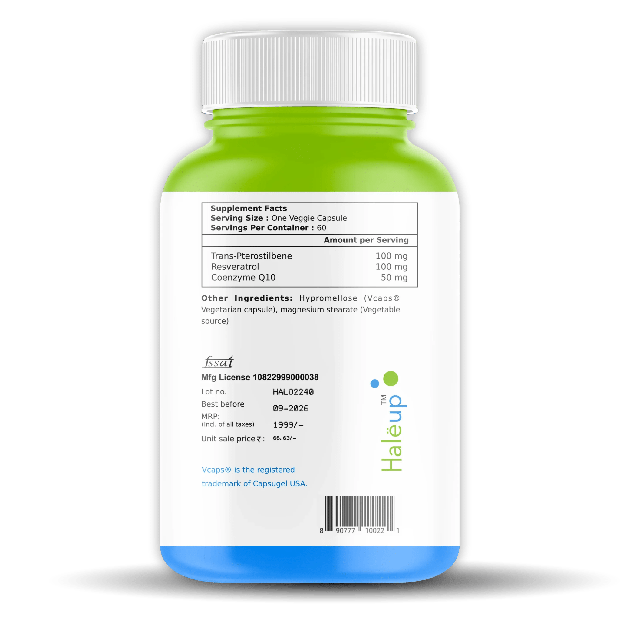 99% Pure Trans-Pterostilbene with Resveratrol | Potent Antioxidant | Supports Healthy Aging & Skin Health | High Bioavailability (1 Pack X 60 Capsules) - Haleup