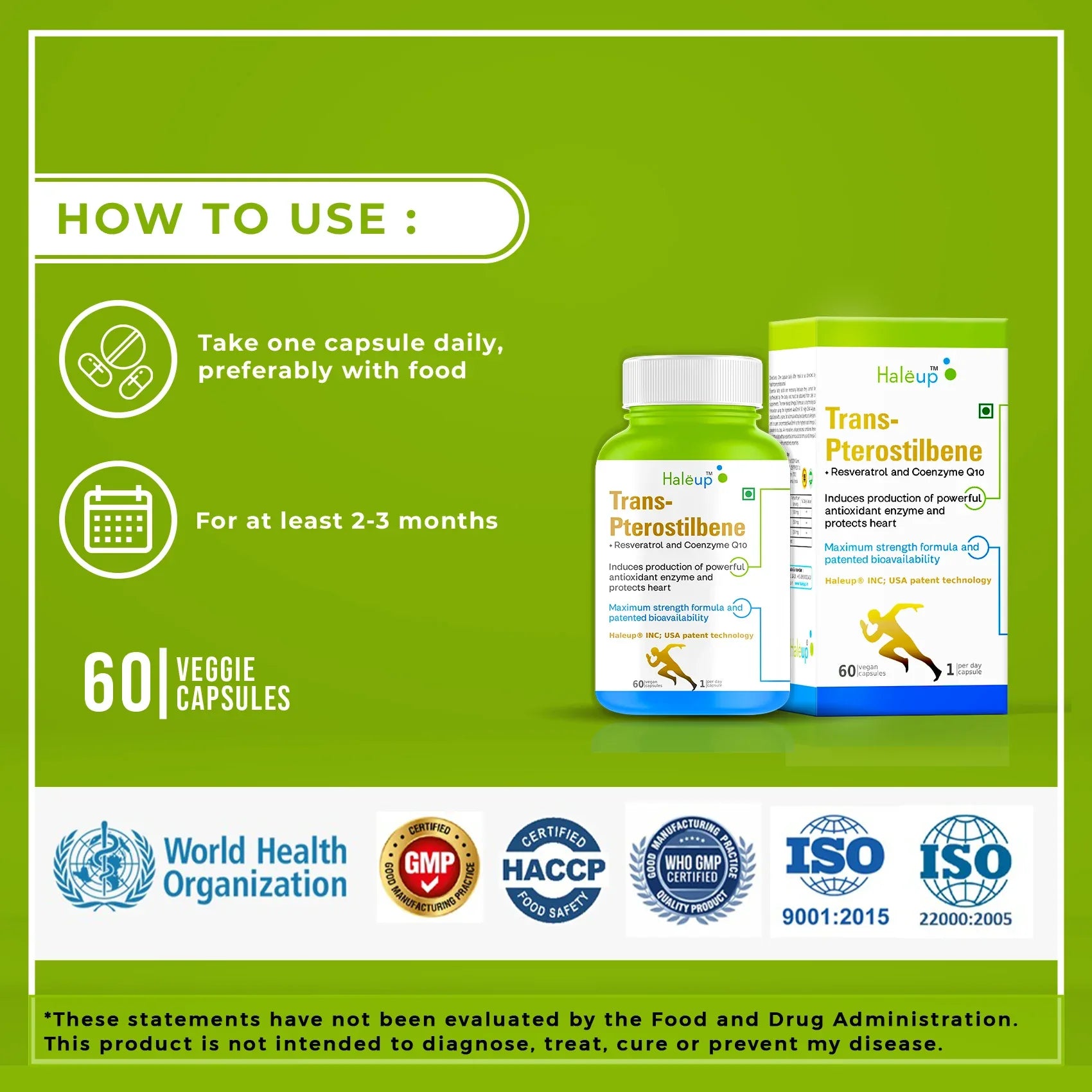 99% Pure Trans-Pterostilbene with Resveratrol | Potent Antioxidant | Supports Healthy Aging & Skin Health | High Bioavailability (1 Pack X 60 Capsules) - Haleup