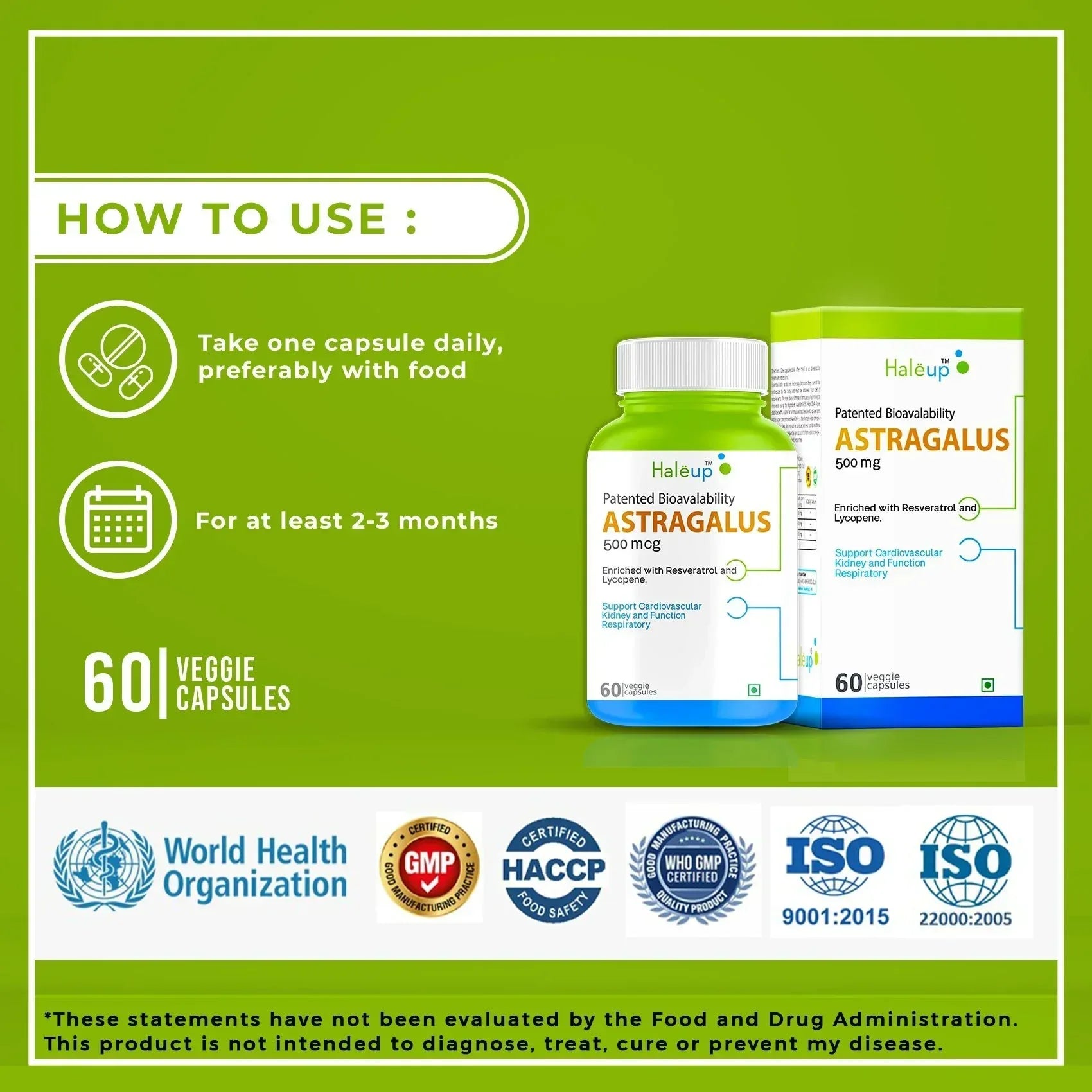 Astragalus 500mg with Patented Bioavailability | Enriched with Resveratrol & Lycopene | Supports Cardiovascular, Kidney & Respiratory Health | 60 Veggie Capsules - Haleup