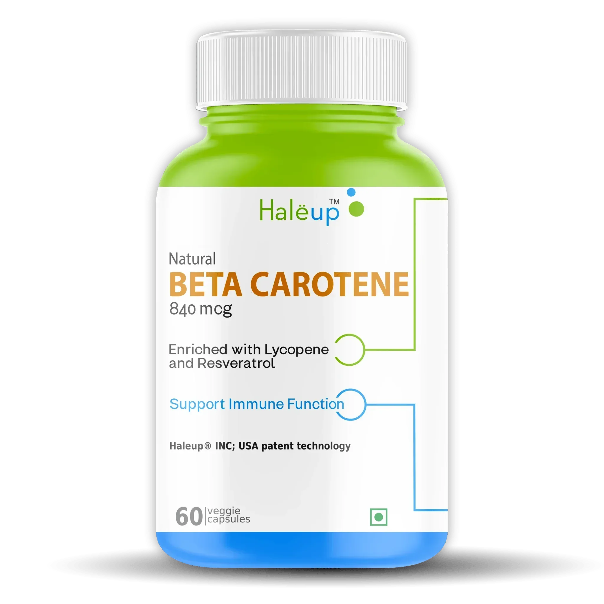 Beta Carotene 840mg with Lycopene & Resveratrol | Immune Support & Antioxidant Boost | 60 Veggie Capsules | Natural Supplement - Haleup