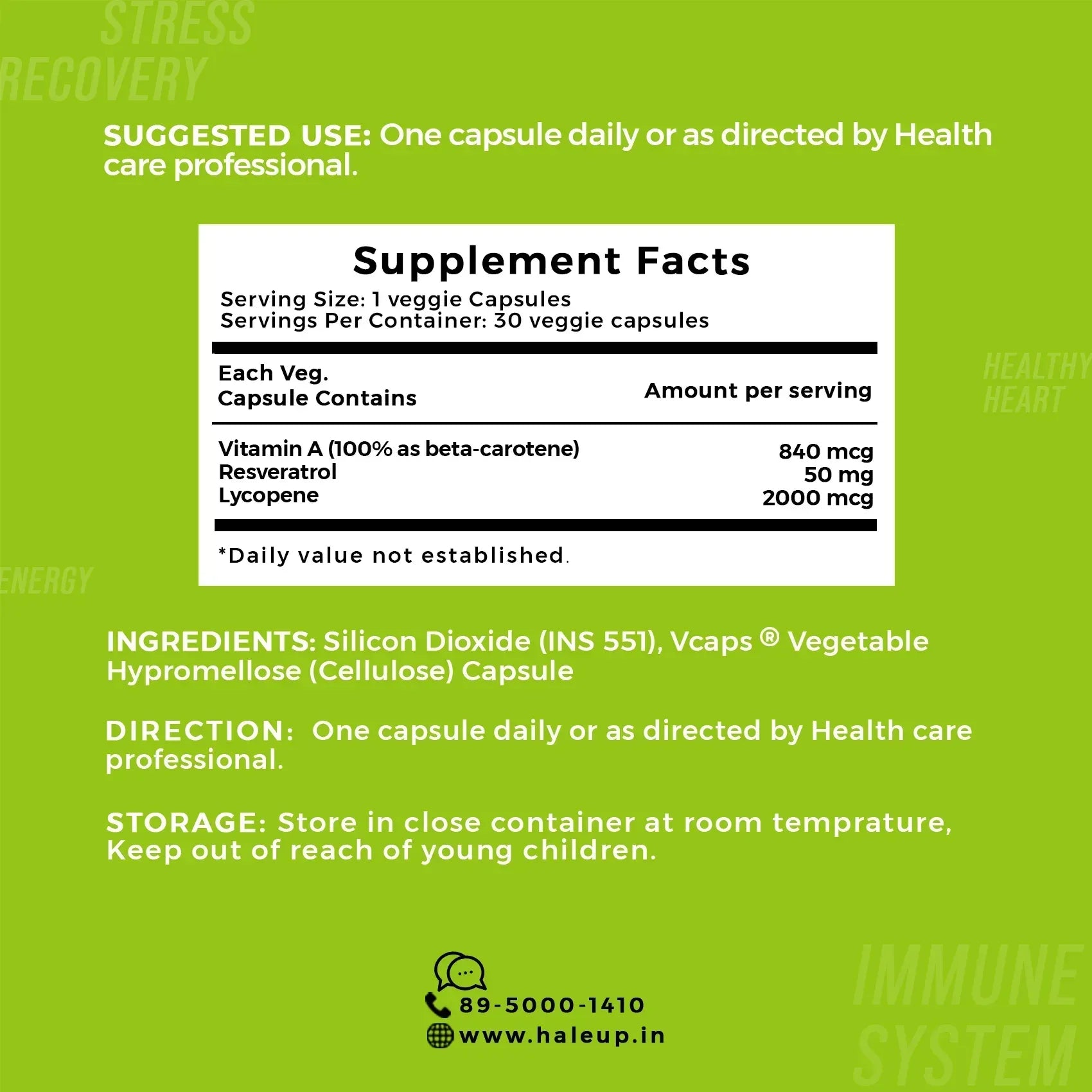 Beta Carotene 840mg with Lycopene & Resveratrol | Immune Support & Antioxidant Boost | 60 Veggie Capsules | Natural Supplement - Haleup