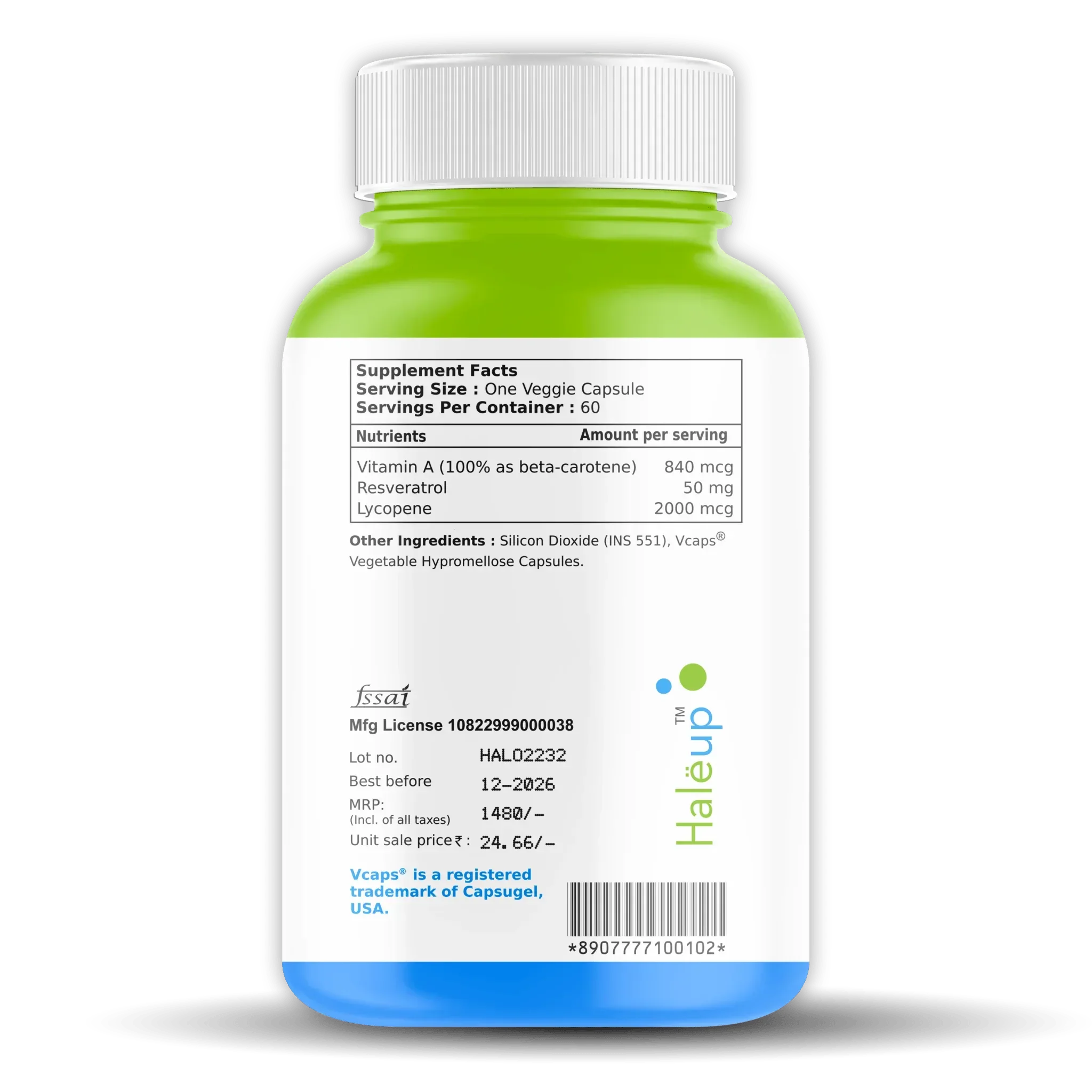 Beta Carotene 840mg with Lycopene & Resveratrol | Immune Support & Antioxidant Boost | 60 Veggie Capsules | Natural Supplement - Haleup
