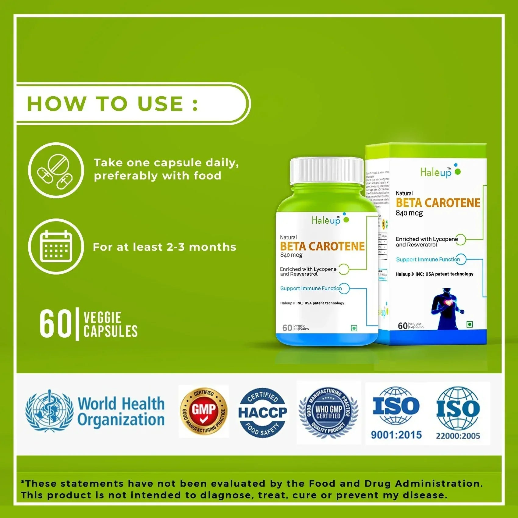 Beta Carotene 840mg with Lycopene & Resveratrol | Immune Support & Antioxidant Boost | 60 Veggie Capsules | Natural Supplement - Haleup