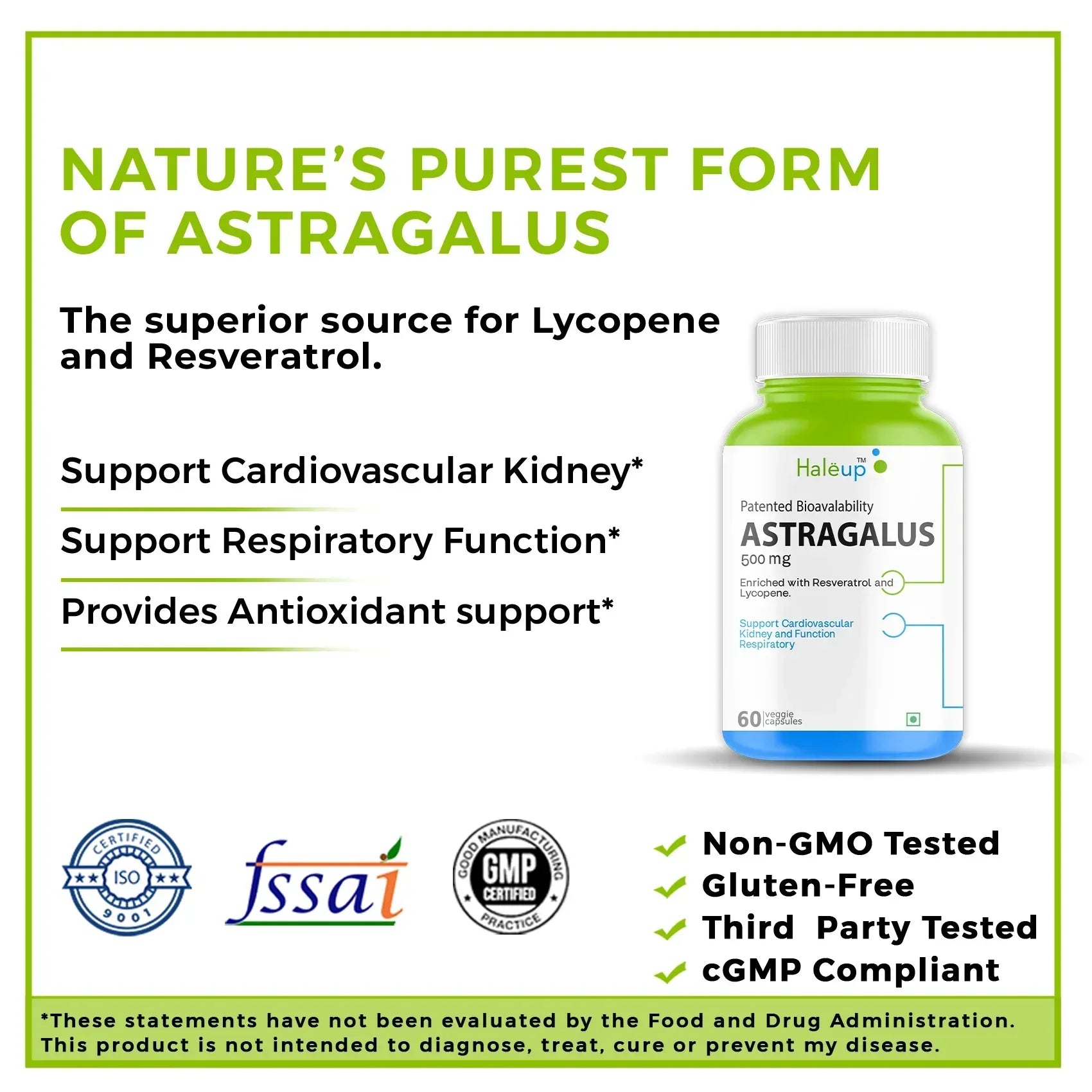Astragalus 500mg with Patented Bioavailability | Enriched with Resveratrol & Lycopene | Supports Cardiovascular, Kidney & Respiratory Health | 60 Veggie Capsules - Haleup
