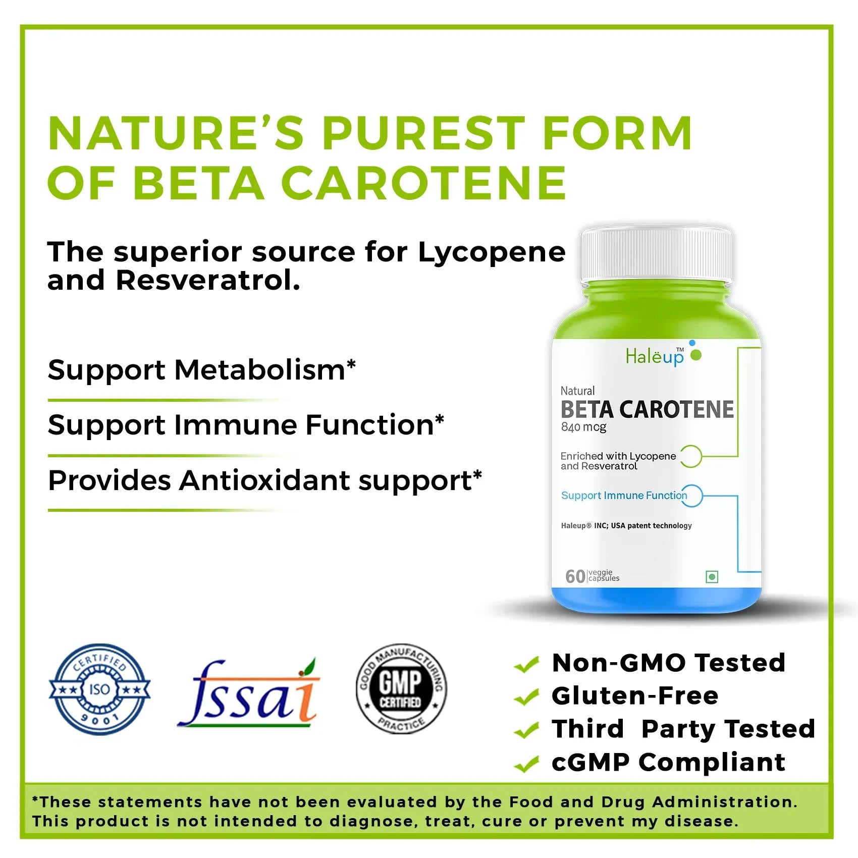 Beta Carotene 840mg with Lycopene & Resveratrol | Immune Support & Antioxidant Boost | 60 Veggie Capsules | Natural Supplement - Haleup