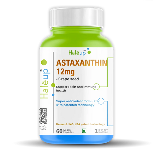 Astaxanthin 12mg + Grape Seed Extract | Super Antioxidant Formula for Skin & Immune Health | 60 Vegan Capsules | Patented Technology | 1 Capsule Daily