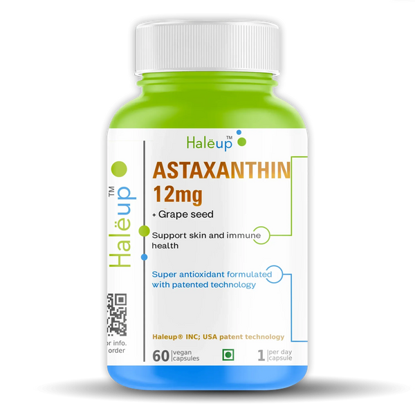 Astaxanthin 12mg + Grape Seed Extract | Super Antioxidant Formula for Skin & Immune Health | 60 Vegan Capsules | Patented Technology | 1 Capsule Daily - Haleup