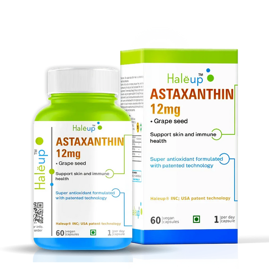 Astaxanthin 12mg + Grape Seed Extract | Super Antioxidant Formula for Skin & Immune Health | 60 Vegan Capsules | Patented Technology | 1 Capsule Daily - Haleup