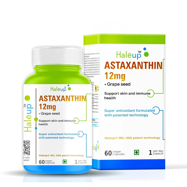 Astaxanthin 12mg + Grape Seed Extract | Super Antioxidant Formula for Skin & Immune Health | 60 Vegan Capsules | Patented Technology | 1 Capsule Daily - Haleup