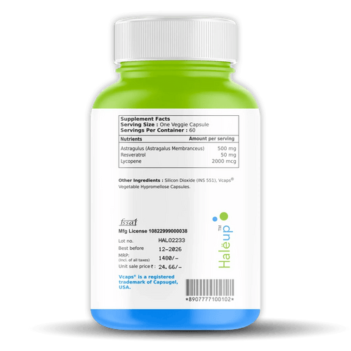 Astragalus 500mg with Patented Bioavailability | Enriched with Resveratrol & Lycopene | Supports Cardiovascular, Kidney & Respiratory Health | 60 Veggie Capsules