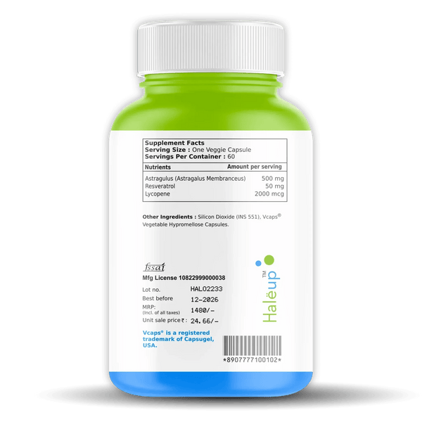 Astragalus 500mg with Patented Bioavailability | Enriched with Resveratrol & Lycopene | Supports Cardiovascular, Kidney & Respiratory Health | 60 Veggie Capsules - Haleup