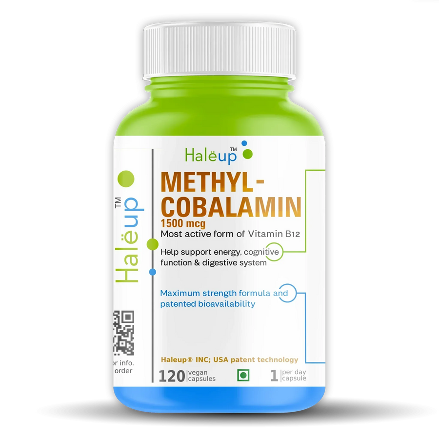 Methyl-Cobalamin 1500mcg - Maximum Strength Vitamin B12 | Supports Energy, Cognitive Function & Digestive Health | 120 Vegan Capsules (1 per Day) - Haleup