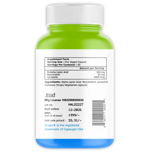 R-Alpha Lipoic Acid with Trans-Resveratrol & Lycopene - 60 Capsules for Daily Wellness