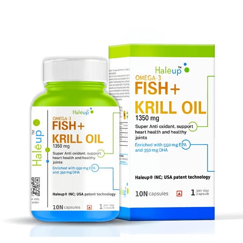 Fish Oil + Krill Oil (1350 mg) | Super Antioxidant for Heart, Joints, Skin & Hair | 550 mg EPA + 350 mg DHA - Haleup