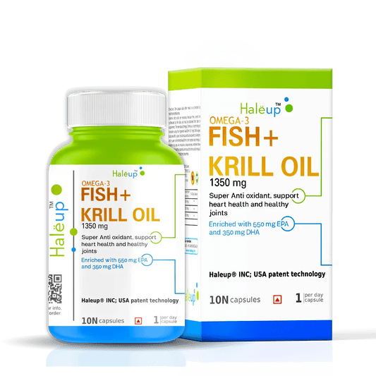 Fish Oil + Krill Oil (1350 mg) | Super Antioxidant for Heart, Joints, Skin & Hair | 550 mg EPA + 350 mg DHA - Haleup