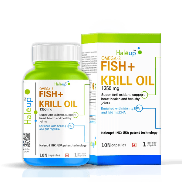 Fish Oil + Krill Oil (1350 mg) | Super Antioxidant for Heart, Joints, Skin & Hair | 550 mg EPA + 350 mg DHA - Haleup